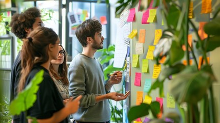 A team brainstorming session, sticky notes on the wall, team members sharing ideas and discussing solutions