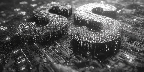 Glowing Dollar Sign with Abstract Digital Elements on Dark Background