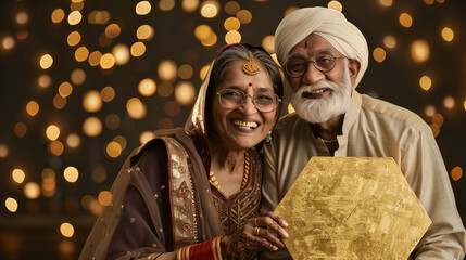 Poster - Indian old couple in modern clothing, holding big golden hexagon-shaped board, lighting background