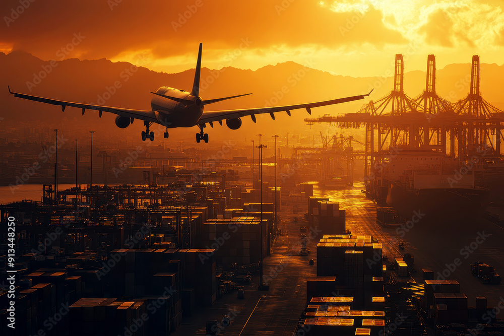 Cargo plane flying over a container ship in an international import and export logistics port. Air and sea cargo transportation