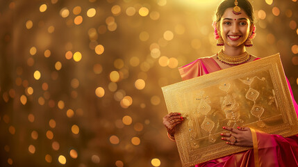 Sticker - Indian woman wearing magenta and gold saree, holding big golden rectangle-shaped board for festival celebration