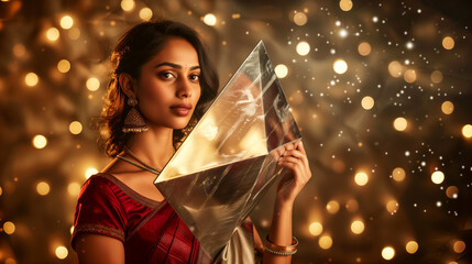 Poster - Indian woman wearing maroon and silver saree, holding big silver triangle-shaped board, diwali celebration