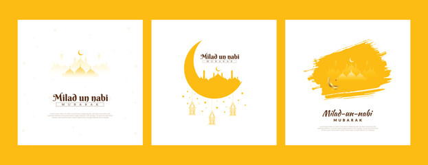 Sticker - Eid, e, Milad, un-Nabi, wishes or greeting social media feed template three post or banner white and premium design with mosque, orange, watercolor brush stroke, Vector illustration