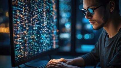 A software development designer or programmer is typing on a computer to create an application using an abstract code language in simulation. Digital cyber security technology concept