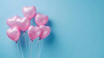 Sticker - A cluster of six pink heart-shaped balloons with white strings against a light blue background.