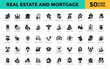 © Gravisio - Real estate and mortgage icon set with home buying, property search, house hunting, real estate investment, open house, listing agent, closing process, home inspection icon. Simple glyph vector