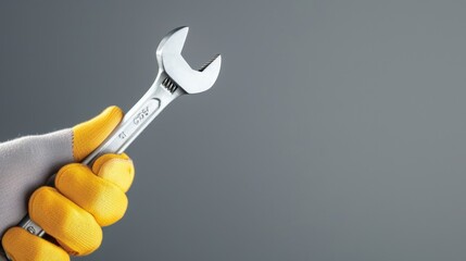 Close-up of a hand holding a steel wrench, showcasing its sleek design and utility for repairs and mechanical tasks.