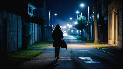 Poster - silhouette of a woman in a light with low light in the street. young woman walking alone in snowy and windy city streets on a winter night.