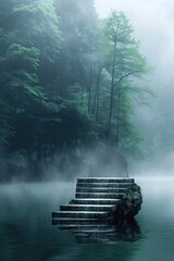 Poster - Stone Steps Leading Into the Misty Forest