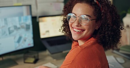 Leinwandbilder - Computer, happy and face of woman for web design in office for user interface, online site and programming. Developer, creative agency and person with laptop for website software, template and ideas
