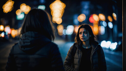 Wall Mural - silhouette of a woman in a light with low light in the street. young woman walking alone in snowy and windy city streets on a winter night.