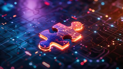 a glowing gold puzzle piece sits on a dark background, surrounded by circuit board patterns and glow