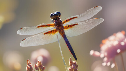 dragonfly in flower, professional color grading, soft shadows, no contrast f-stop 1.2, depth of field, focus stacking, super macro photograph