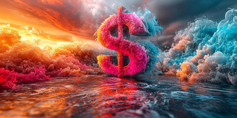 Glowing Dollar Sign with Abstract Digital Elements on Dark Background