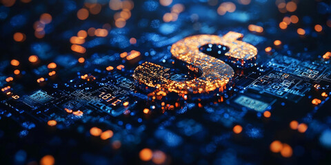 Glowing Dollar Sign with Abstract Digital Elements on Dark Background