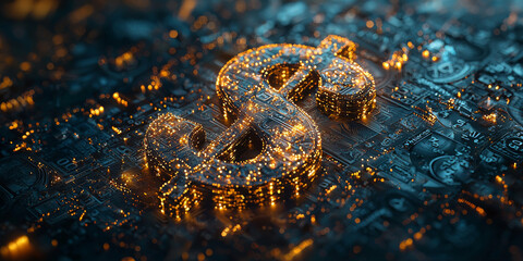 Glowing Dollar Sign with Abstract Digital Elements on Dark Background