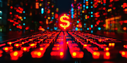 Glowing Dollar Sign with Abstract Digital Elements on Dark Background