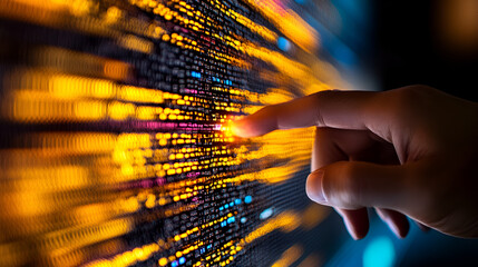 a finger touches a screen filled with code, representing the power of technology and innovation.