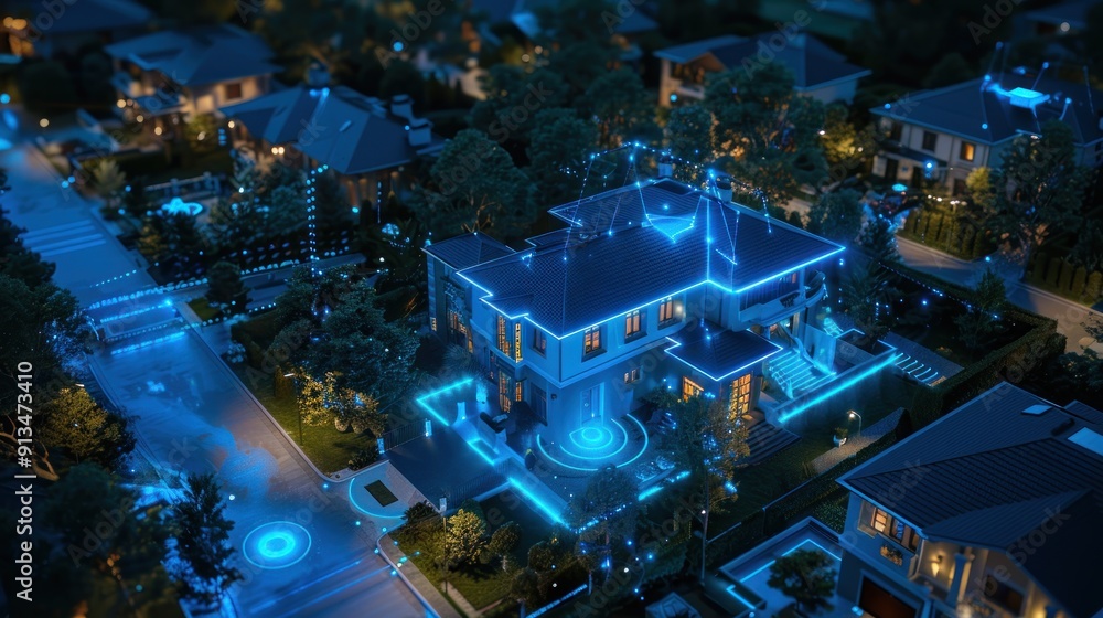 Security with AI smart surveillance at modern houses and compound, blue ...