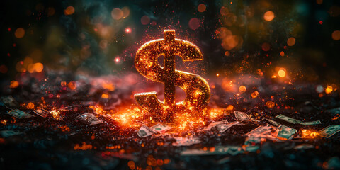 Glowing Dollar Sign with Abstract Digital Elements on Dark Background