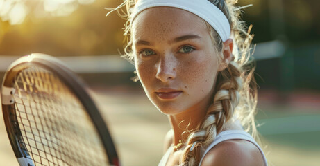 Poster - A close-up of an attractive young woman with blonde hair in braids, wearing a white headband and tennis outfit holding her racket on the outdoor court