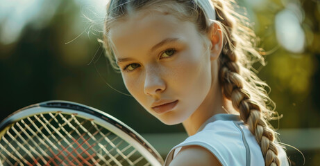 Wall Mural - A close-up of an attractive young woman with blonde hair in braids, wearing a white headband and tennis outfit holding her racket on the outdoor court