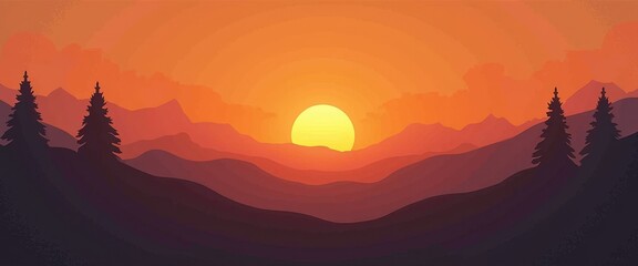 Canvas Print - Sunset over mountains with trees.