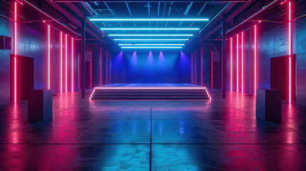 Wall Mural - A neon lit room with a stage and a staircase. The room is empty and the lights are on