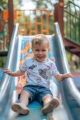 Wall Mural -  Cheerful preschooler boy playing on a slide in the summer playground