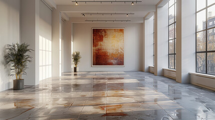 Sticker - A large room with a white wall and a red painting. The room is empty and has a clean, modern look