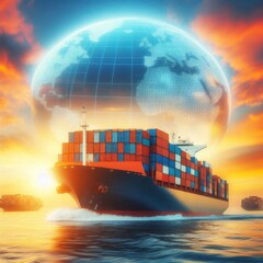 Global logistics import export background with container cargo ship sailing at sunset sky