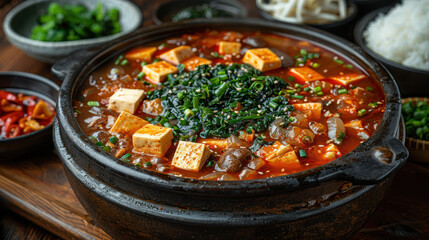 Wall Mural - A large bowl of soup with tofu and green vegetables. The soup is served in a black bowl and is surrounded by other bowls and dishes