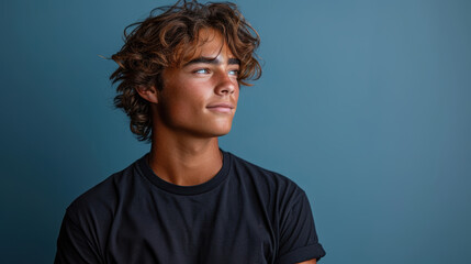 Wall Mural - A young man with brown hair and a black shirt is looking at the camera. He has a tan complexion and a smile on his face