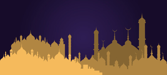 Wall Mural - Muslim Cityscape. Mosque Building Religion Flat Vector Illustration. Arabian city black silhouette vector