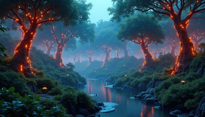 Wall Mural - Enchanting Forest With Glowing Trees and River.