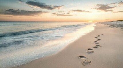 Wide-angle shot of a serene beach at dawn, with calm waves gently lapping at the shore and the sky painted in pastel hues. The foreground includes seashells and footprints in the sand, creating 