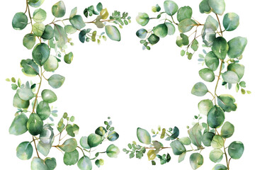 Wall Mural - Watercolor frame with green eucalyptus leaves and branches. Hand drawn isolated on transparent background.