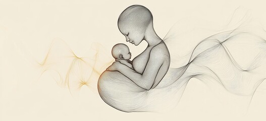 Continuous one simple single abstract line art drawing of a baby in mother womb of pregnant woman, those lines surronund her as a magic