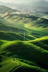 Wall Mural - Wind turbines on rolling hills harness the power of the wind to generate clean energy