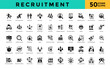 © Gravisio - Recruitment icon set with job opening, career opportunities, employment, recruitment, hiring, vacancies, job listings, application process, resume submission, candidate icon. Simple glyph vector
