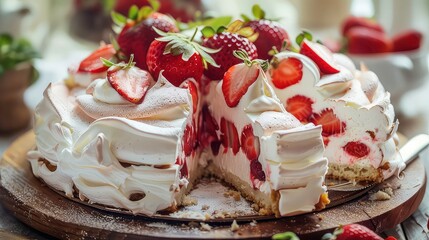 A delicious strawberry cake with whipped cream and a slice missing.