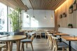 © Sangkarn - Interior design with wooden round table and chairs. Modern dining room with white wall. Cafe, bar or restaurant interior design.