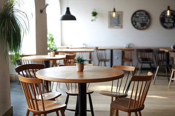 Wall Mural - Interior design with wooden round table and chairs. Modern dining room with white wall. Cafe, bar or restaurant interior design.