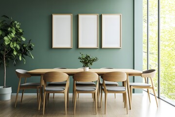 Wall Mural - Sofa and chairs near wooden table against window. Scandinavian style interior design of modern dining room with pastel green wall with frames.