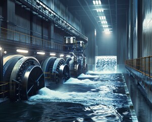 Canvas Print - A hydroelectric power plant with turbines in motion