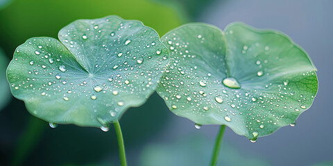 Wall Mural - A close up of green lotus leaves with water droplets on them, generative AI