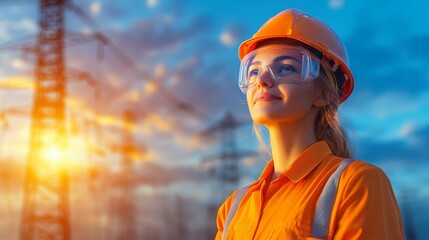 Confident Female Engineer in Hard Hat at Sunset