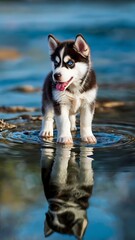 Wall Mural - Husky puppy water reflection