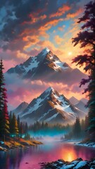 Wall Mural - This exquisite painting captures the serene beauty of majestic mountains reflected in a tranquil lake, inviting viewers to immerse themselves in nature's splendor