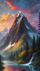 Wall Mural - This exquisite painting captures the serene beauty of majestic mountains reflected in a tranquil lake, inviting viewers to immerse themselves in nature's splendor